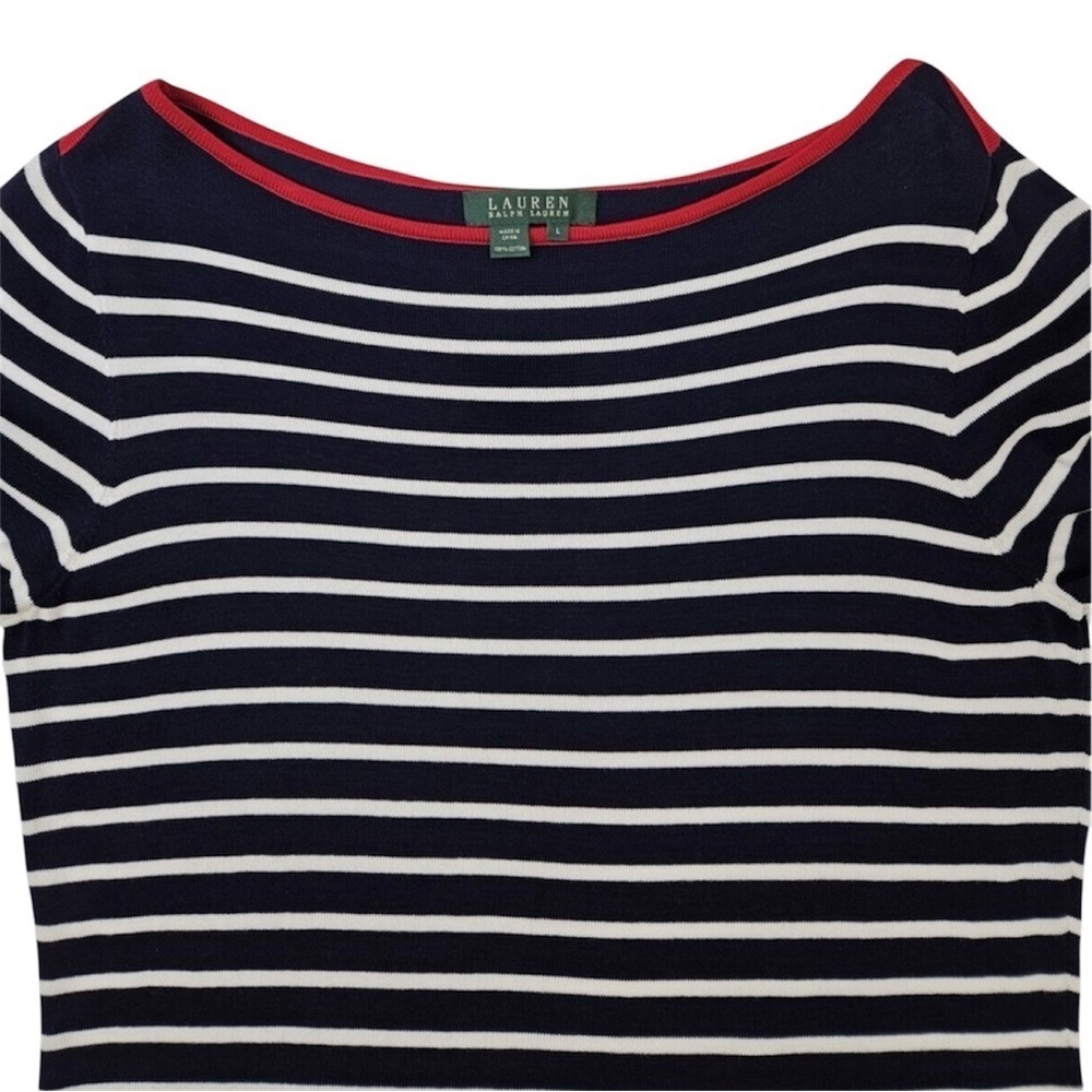 Lauren Ralph Lauren Striped Cotton Knit Top Navy White Nautical Shirt Size Large - Picture 3 of 7